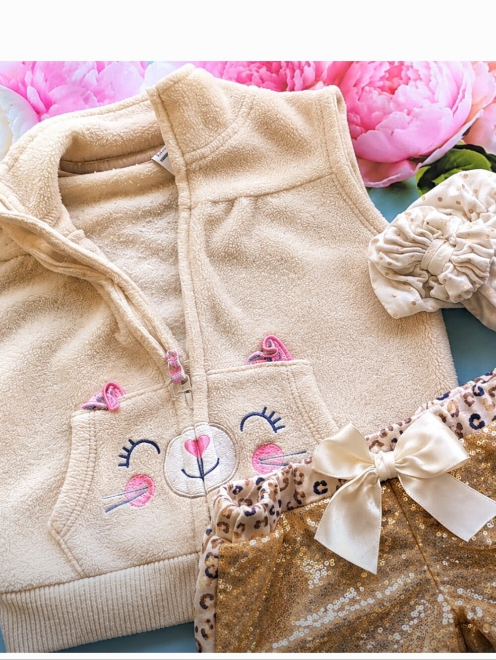 Baby Outfit Leopard Print shorts with sequins / and kitty vest Also Bow Hat